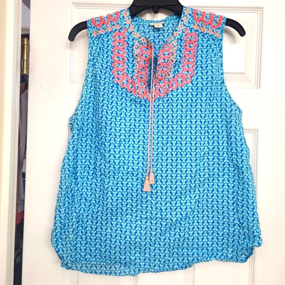 J. Crew Women Blue White Print Embroidered Tassel Cotton Tank Top Blouse